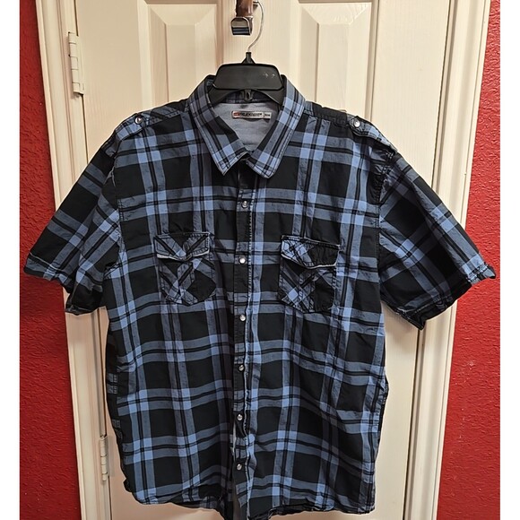Projek Raw Mens Shirt XL Short Sleeve Pearl Snap Pocket Blue Black Plaid - Picture 1 of 5